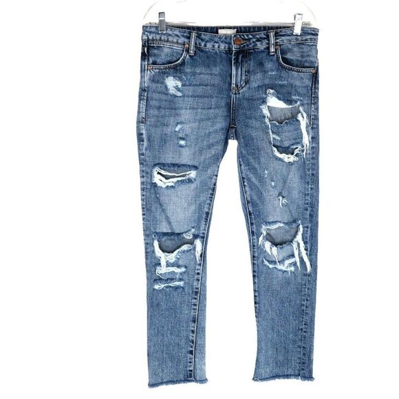 Dear John Women's Distressed Cropped Leg Jeans Size 27 Medium Wash Blue Denim - Picture 1 of 9